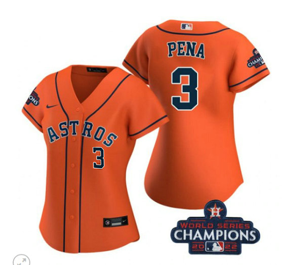 Women's Houston Astros #3 Jeremy Pena Orange 2022 World Series Champions With No. In Front Stitched Baseball Jersey