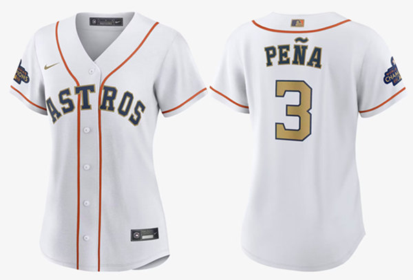 Women's Houston Astros #3 Jeremy Pena White 2023 Gold Collection With World Serise Champions Patch Stitched Jersey