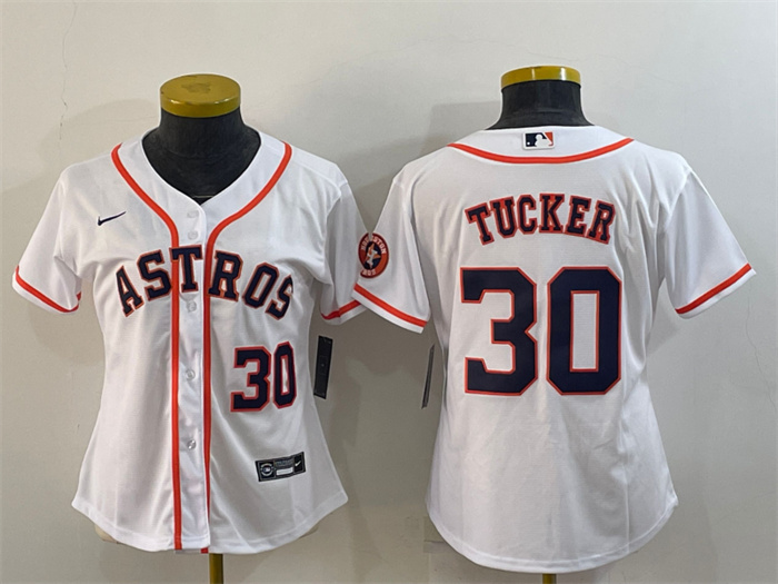 Women's Houston Astros #30 Kyle Tucker White With Patch Cool Base Stitched Baseball Jersey1