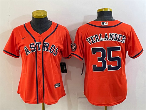 Women's Houston Astros #35 Justin Verlander Orange With Patch Cool Base Stitched Baseball Jersey