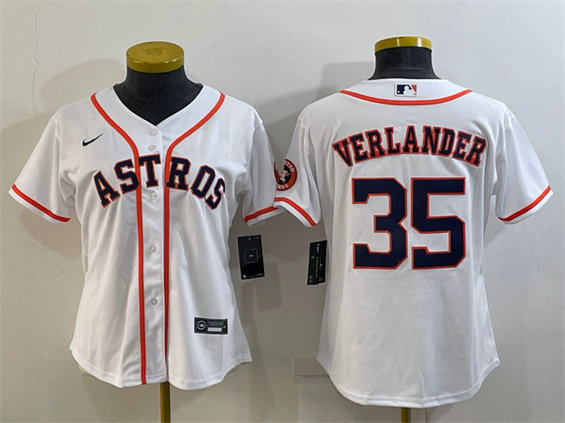 Women's Houston Astros #35 Justin Verlander White With Patch Cool Base Stitched Baseball Jersey