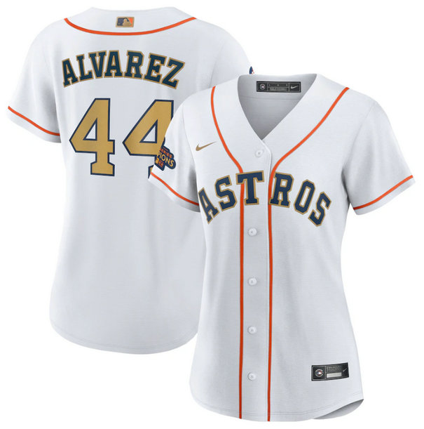 Women's Houston Astros #44 Yordan Alvarez White 2023 Gold Collection With World Serise Champions Patch Stitched Jersey