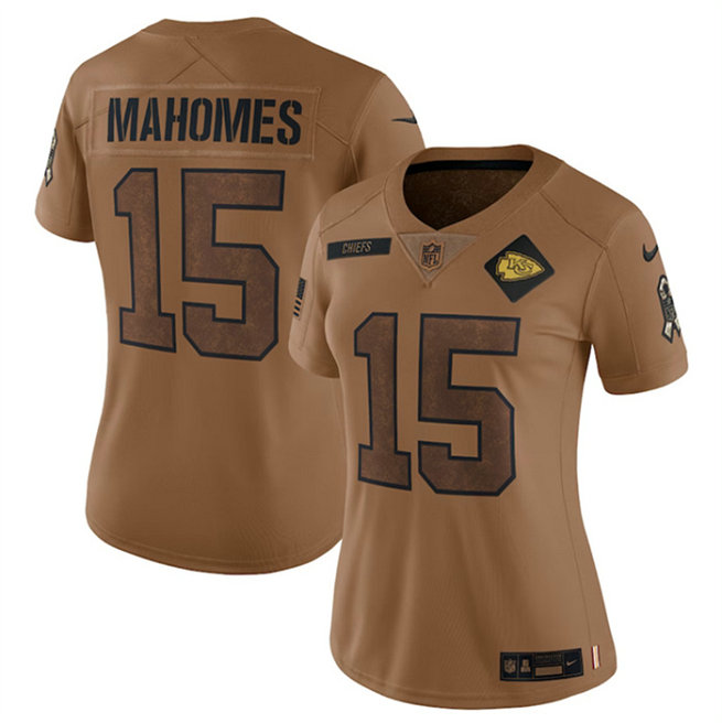 Women's Kansas City Chiefs #15 Patrick Mahomes 2023 Brown Salute To Service Limited Stitched Jersey