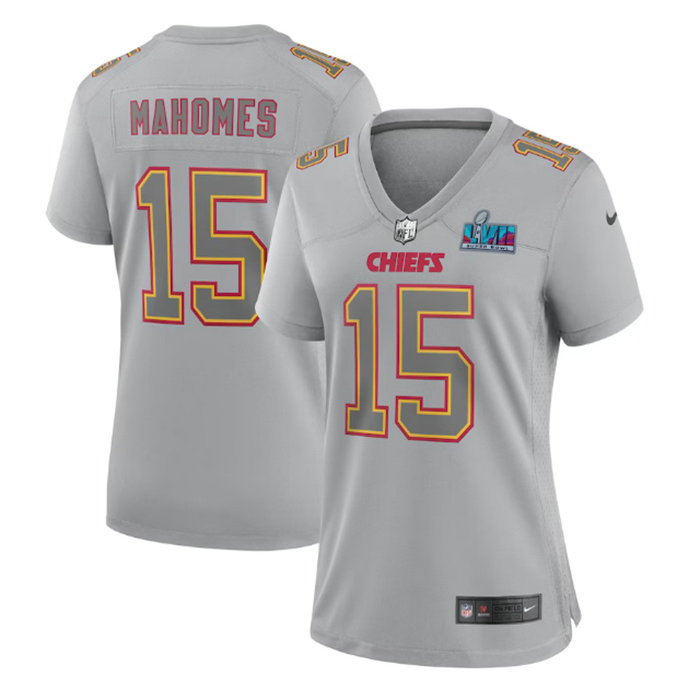 Women's Kansas City Chiefs #15 Patrick Mahomes Grey Super Bowl LVII Patch Atmosphere Fashion Stitched Game Jersey