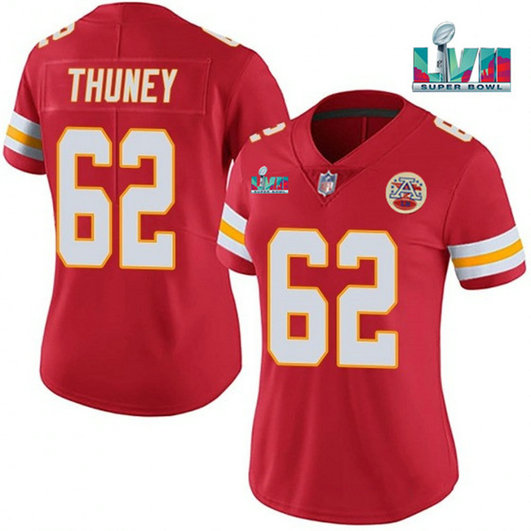 Women's Kansas City Chiefs #62 Joe Thuney Red Super Bowl LVII Patch Vapor Stitched Jersey