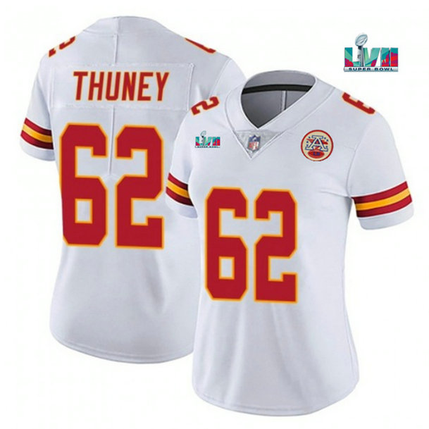 Women's Kansas City Chiefs #62 Joe Thuney White Super Bowl LVII Patch Vapor Stitched Jersey