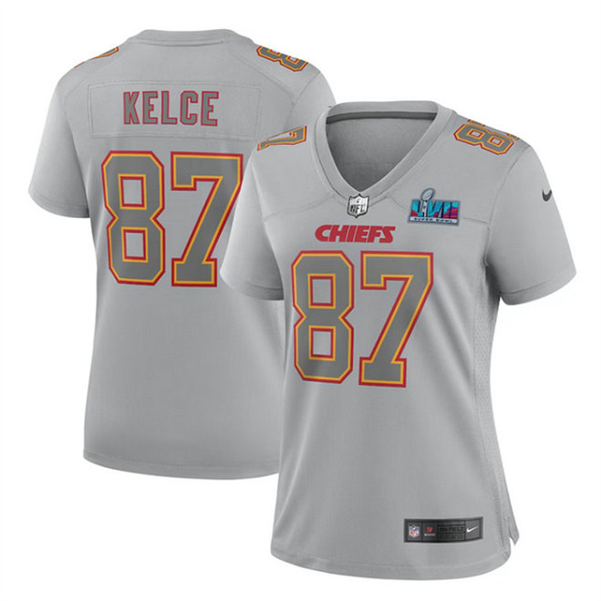 Women's Kansas City Chiefs #87 Travis Kelce Grey Super Bowl LVII Patch Atmosphere Fashion Stitched Game Jersey
