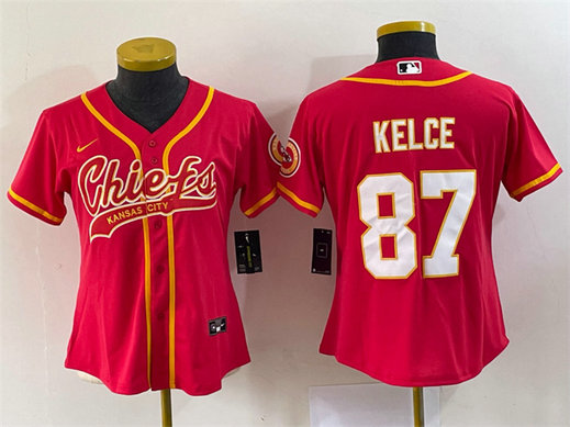 Women's Kansas City Chiefs #87 Travis Kelce Red With Patch Cool Base Stitched Baseball Jersey