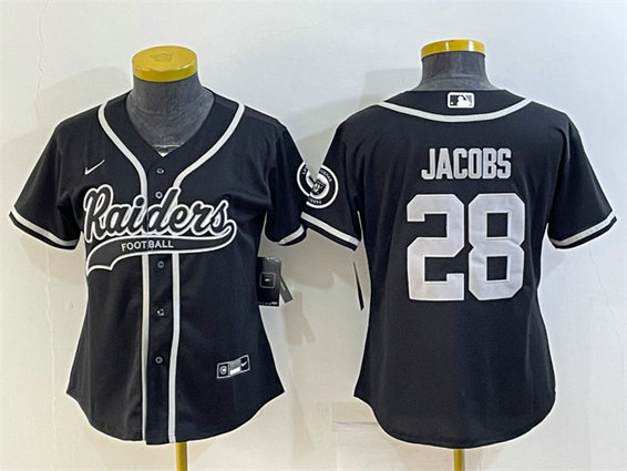 Women's Las Vegas Raiders #28 Josh Jacobs Black With Patch Cool Base Stitched Baseball Jersey