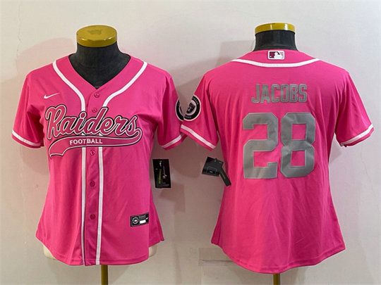 Women's Las Vegas Raiders #28 Josh Jacobs Pink Silver With Patch Cool Base Stitched Baseball Jersey