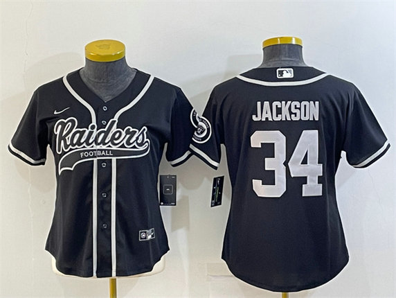 Women's Las Vegas Raiders #34 Bo Jackson Black With Patch Cool Base Stitched Baseball Jersey