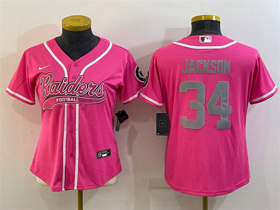 Women's Las Vegas Raiders #34 Bo Jackson Pink Silver With Patch Cool Base Stitched Baseball Jersey