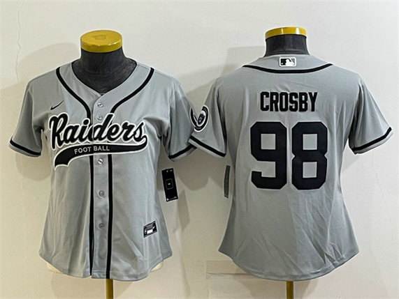 Women's Las Vegas Raiders #98 Maxx Crosby Grey With Patch Cool Base Stitched Baseball Jersey