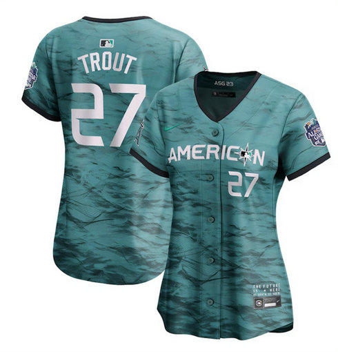 Women's Los Angeles Angels #27 Mike Trout Teal 2023 All-Star Stitched Baseball Jersey