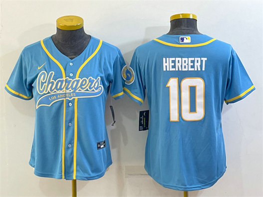 Women's Los Angeles Chargers #10 Justin Herbert Blue With Patch Cool Base Stitched Baseball Jersey