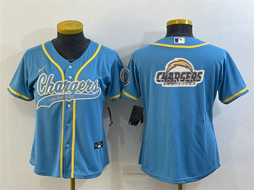 Women's Los Angeles Chargers Blue Team Big Logo With Patch Cool Base Stitched Baseball Jersey