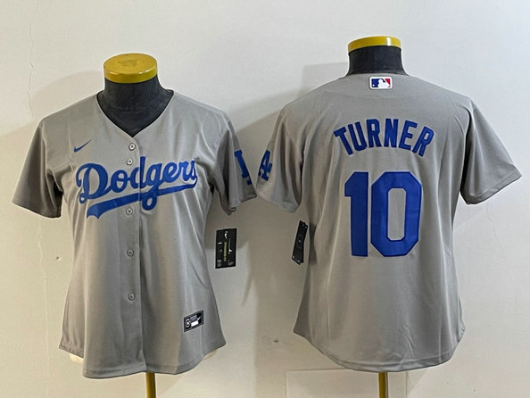 Women's Los Angeles Dodgers #10 Justin Turner Grey Stitched Jersey