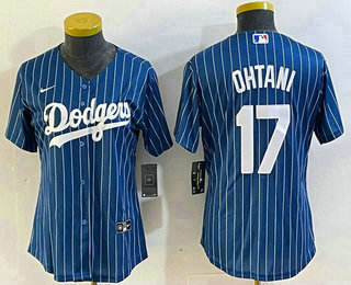 Women's Los Angeles Dodgers #17 Shohei Ohtani Blue Pinstripe Cool Base Stitched Baseball Jersey