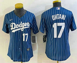 Women's Los Angeles Dodgers #17 Shohei Ohtani Number Blue Pinstripe Cool Base Stitched Baseball Jersey