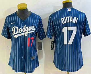 Women's Los Angeles Dodgers #17 Shohei Ohtani Number Blue Pinstripe Cool Base Stitched Baseball Jersey1