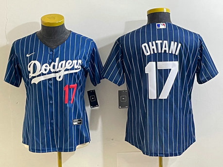Women's Los Angeles Dodgers #17 Shohei Ohtani Number Red Navy Blue Pinstripe Stitched Cool Base Nike Jerseys