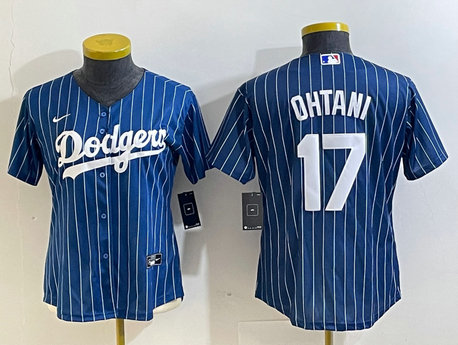 Women's Los Angeles Dodgers #17 Shohei Ohtani Red Navy Blue Pinstripe Stitched Cool Base Nike Jersey1