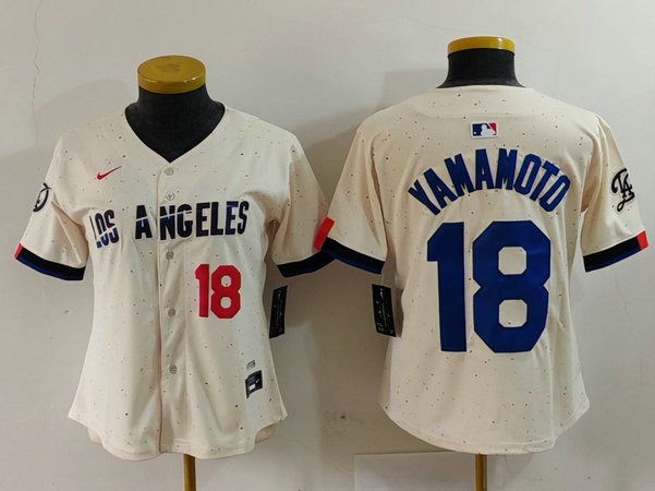 Women's Los Angeles Dodgers #18 Yoshinobu Yamamoto Cream Stitched Jersey 1