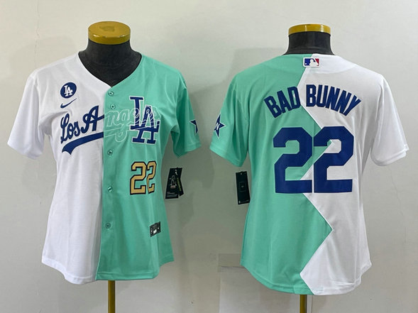 Women's Los Angeles Dodgers #22 Bad Bunny White Green Two Tone 2022 Celebrity Softball Game Cool Base Jersey1