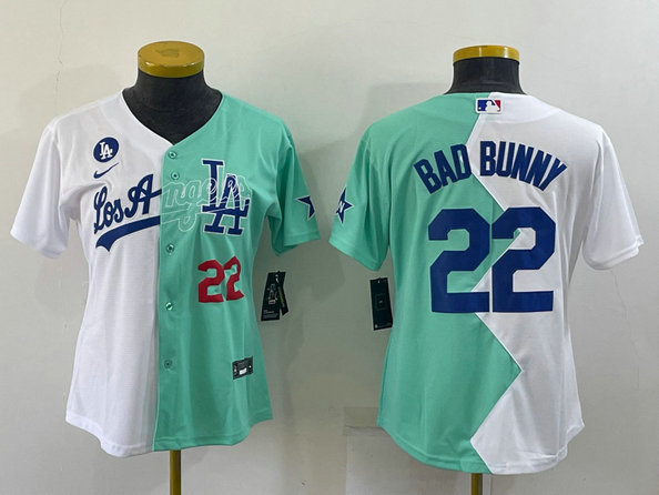 Women's Los Angeles Dodgers #22 Bad Bunny White Green Two Tone 2022 Celebrity Softball Game Cool Base Jerseys