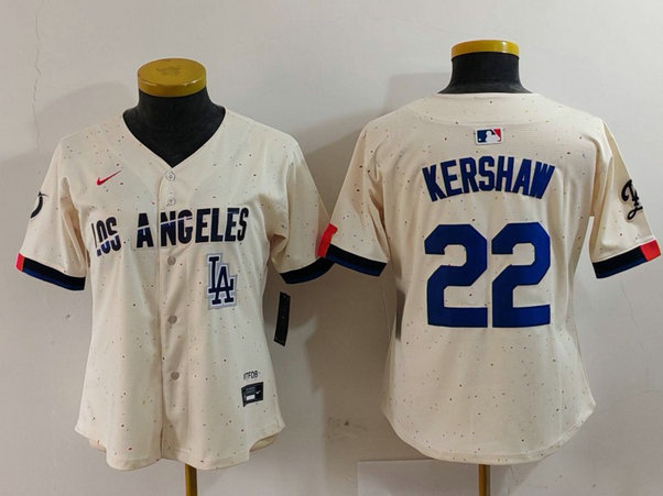 Women's Los Angeles Dodgers #22 Clayton Kershaw Cream Stitched Jersey 3