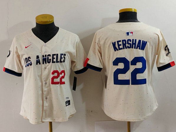 Women's Los Angeles Dodgers #22 Clayton Kershaw Cream Stitched Jersey 4