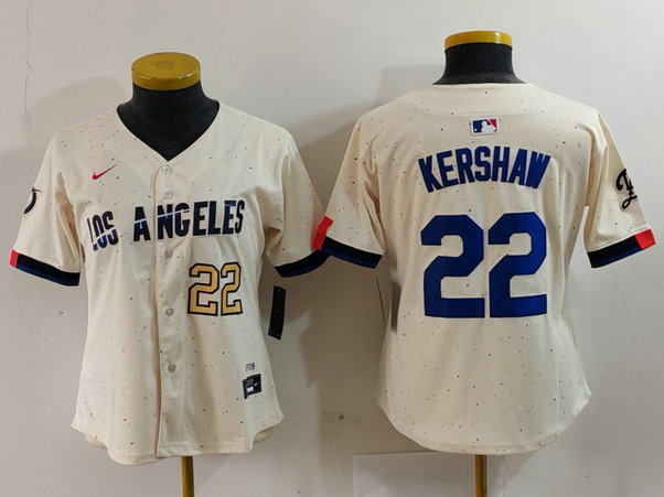 Women's Los Angeles Dodgers #22 Clayton Kershaw Cream Stitched Jersey 7