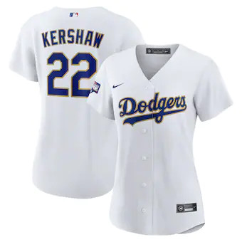 Women's Los Angeles Dodgers #22 Clayton Kershaw Nike White Gold 2021 Gold Program Player Jersey