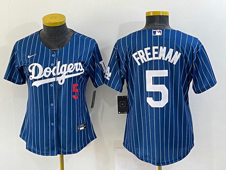 Women's Los Angeles Dodgers #5 Freddie Freeman Number Navy Blue Pinstripe Stitched MLB Cool Base Nike Jersey