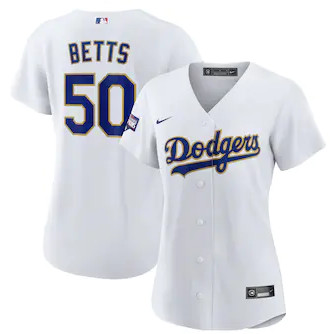 Women's Los Angeles Dodgers #50 Mookie Betts Nike White Gold 2021 Gold Program Player Jersey