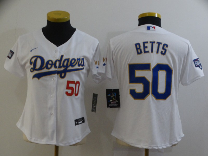 Women's Los Angeles Dodgers #50 Mookie Betts White Gold Championship Cool Base Stitched Jersey