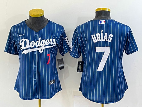 Women's Los Angeles Dodgers #7 Julio Urias Number Navy Blue Pinstripe Stitched MLB Cool Base Nike Jersey
