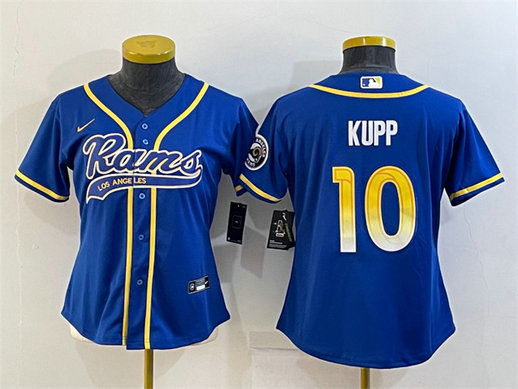 Women's Los Angeles Rams #10 Cooper Kupp Royal With Patch Cool Base Stitched Baseball Jersey(Run Small)