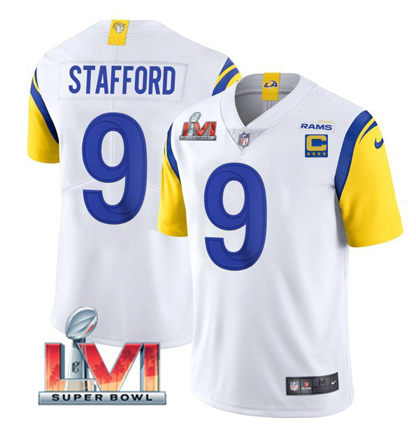 Women's Los Angeles Rams #9 Matthew Stafford White 2022 With C Patch Super Bowl LVI Vapor Limited Stitched Jersey