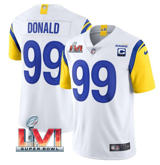 Women's Los Angeles Rams #99 Aaron Donald White 2022 With C Patch Super Bowl LVI Vapor Limited Stitched Jersey