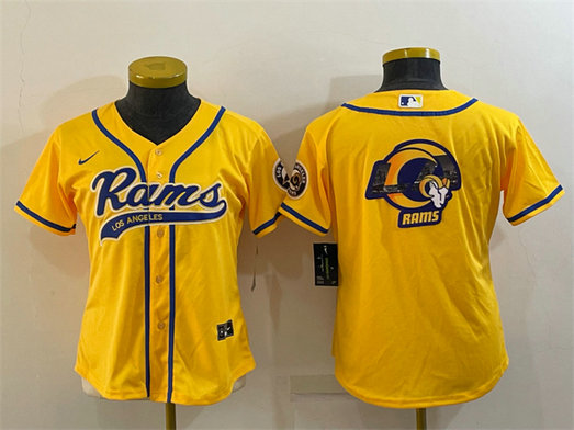 Women's Los Angeles Rams Yellow Team Big Logo With Patch Cool Base Stitched Baseball Jersey(Run Small)