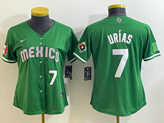 Women's Mexico Baseball #7 Julio Urías 2023 Green World Baseball Classic With Patch Stitched Jersey