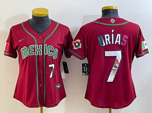 Women's Mexico Baseball #7 Julio Urías 2023 Red World Baseball Classic With Patch Stitched Jersey