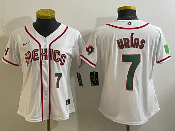 Women's Mexico Baseball #7 Julio Urías 2023 White World Baseball Classic With Patch Stitched Jersey
