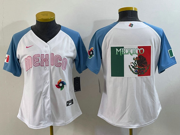 Women's Mexico Baseball 2023 White Blue Big Logo World Baseball Classic With Patch Stitched Jersey