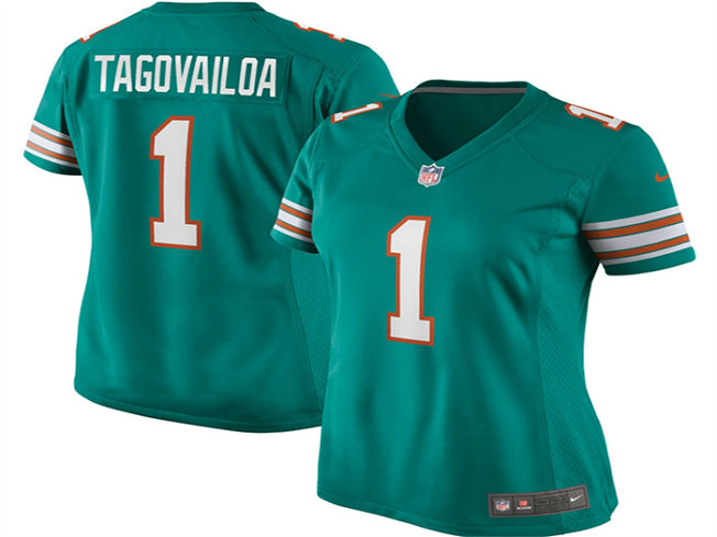 Women's Miami Dolphins #1 Tua Tagovailoa Aqua Color Rush Stitched Jersey
