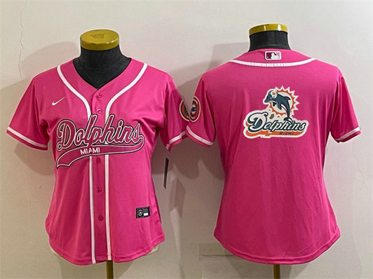 Women's Miami Dolphins Pink Team Big Logo With Patch Cool Base Stitched Baseball Jersey(Run Small)