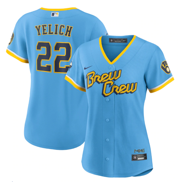 Women's Milwaukee Brewers #22 Christian Yelich 2022 Powder Blue City Connect Cool Base Stitched Jersey