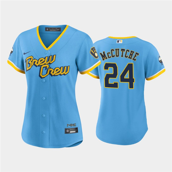 Women's Milwaukee Brewers #24 Andrew McCutchen 2022 Powder Blue City Connect Cool Base Stitched Jersey