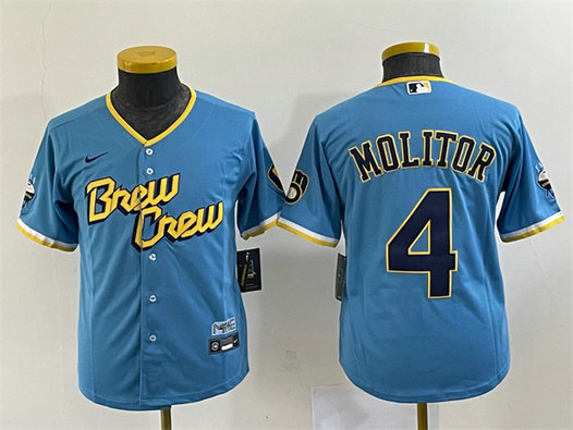 Women's Milwaukee Brewers #4 Paul Molitor 2022 Powder Blue City Connect Cool Base Stitched Jersey